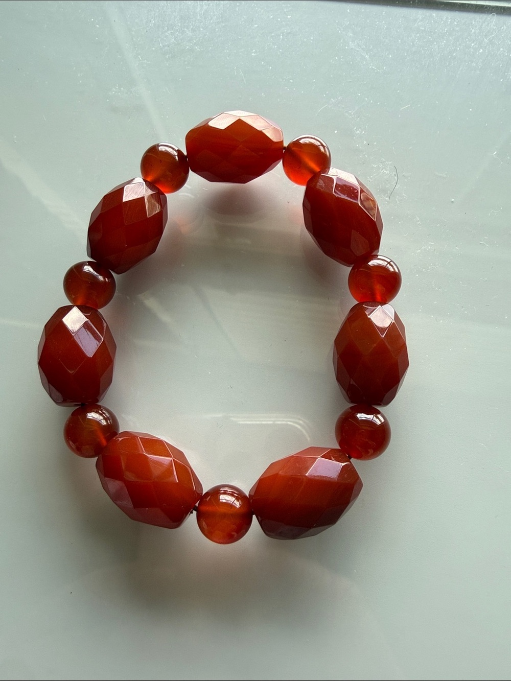 Natural Carnelian Faceted Oval & Round Bead Gemstone Elastic Bracelet